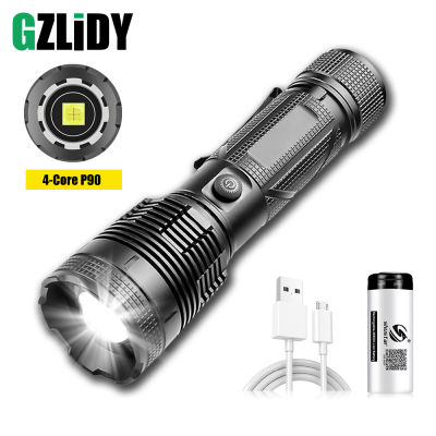 2021Powerful LED Flashlight Super Bright P90 Torch USB Rechargeable Waterproof Zoom Lantern With Tail Hammer 26650 Camping Light