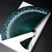 【CW】 Color changing crown fan women 39;s folding fan lace color changing fashion folding fan Hanfu photography Green Black Green fan