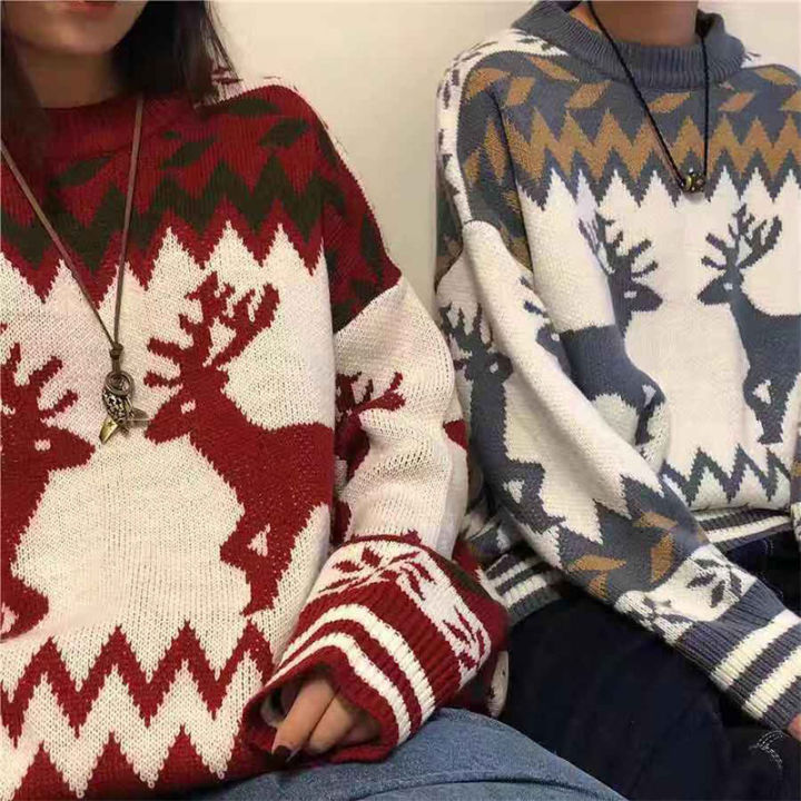 orfilas-elk-พิมพ์เสื้อกันหนาวคริสต์มาส-จัมเปอร์ผู้ชาย-เสื้อถักวินเทจหลวม-ๆ-เวอร์ชั่นเกาหลี-unisex-เสื้อกันหนาวคริสต์มาส-เสื้อกันหนาวฤดูใบไม้ร่วง-ฤดูหนาว-เสื้อสเวตเตอร์การ์ตูน