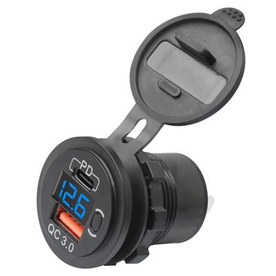 12V-24V 48W USB Outlet Waterproof Charger Socket PD and QC3.0 USB Port with LED Voltage for Car Truck Golf Cart