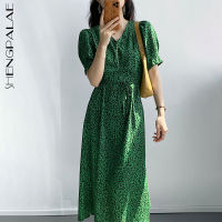 SHENGPALAE Fashion Green Leopard Printed Dress Womnes Autumn 2022 New V-neck Loose Lace Up Waist Short Sleeve Mid-calf Dresses