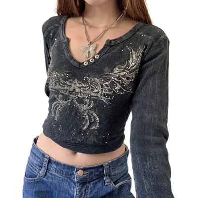 △■◙ Xingqing Rhinestone T Shirt 2021 Fairycore Grunge Sleeve Shirts Pullover Top