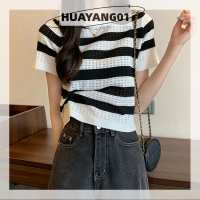 HUAYANG01 [2023 new HOT FASHION] lazlook Knit Crop TOP striped T shirt Women 2022 Summer Hollow OUT ชุดแฟชั่นเสื้อวินเทจเสื้อแขนสั้นเสื้อยืด Femme