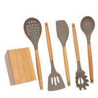 6ชิ้นไม่ติดซิลิโคนเครื่องครัวชุดที่มีมือจับไม้ BPA ฟรีทำอาหาร Spatulas ชุดกับผู้ถือครัวอุปทาน