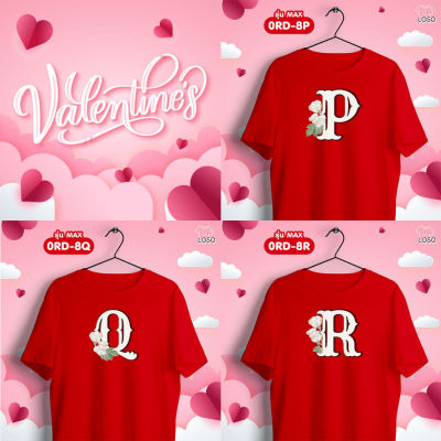เสื้อยืด เสื้อคู่รัก ดอกกุหลาบวาเลนไทน์ ตัวอักษร (PQR) เสื้อทีม สีแดงคอกลม