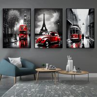 Modern London Paris City Landscape โปสเตอร์สีแดงรถผ้าใบภาพวาดพิมพ์สำหรับห้องนั่งเล่นตกแต่งบ้าน