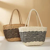 2023 striped straw woven bag handmade simple woven bag holiday casual fashion handbag twill commuter bag 〖WYUE〗