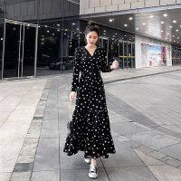 COD DSFGRDGHHHHH Ladies Bohemian Dot Print V neck Chiffon Dress Vintage Floral Printed Polka Dot Long Dress Spring Dress Female Floral print Women Beach Dress Vestidos