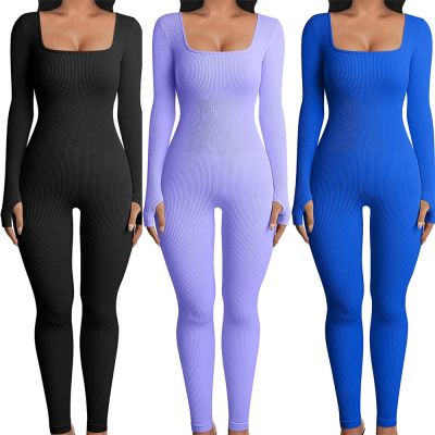 ผู้หญิงผอม Jumpsuit สีทึบยางถักแขนยาวคอสี่เหลี่ยม Bodycon Jumpsuit Romper ออกกําลังกายออกกีฬาโยคะ Playsuits