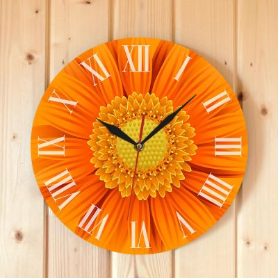 Close-up of beautiful Orange Gerber Deorative Clock With Roman Numerals Nature Daisy Flower Wreath Wall Art Modern Wall Watch