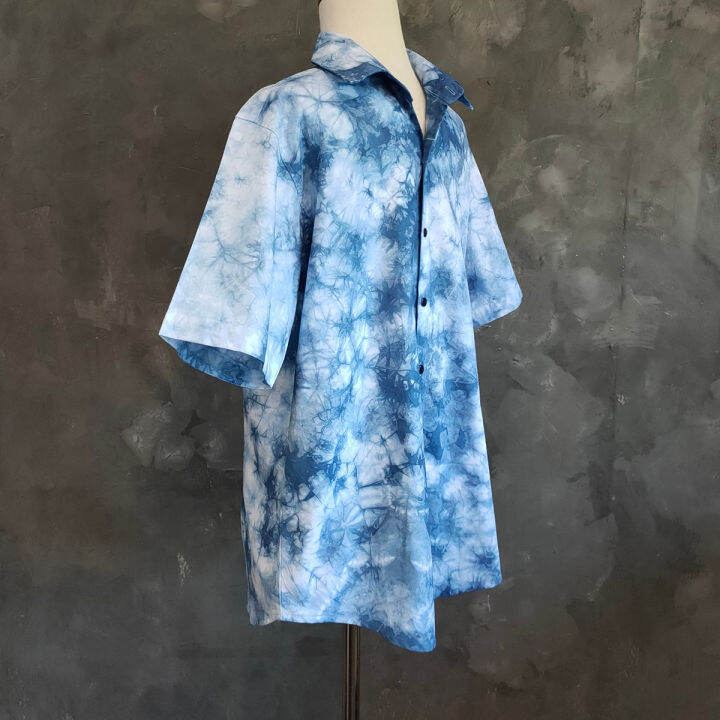 laanta-เสื้อเชิ้ตชายแขนสั้น-มัดย้อมคราม-indigo-tie-dye