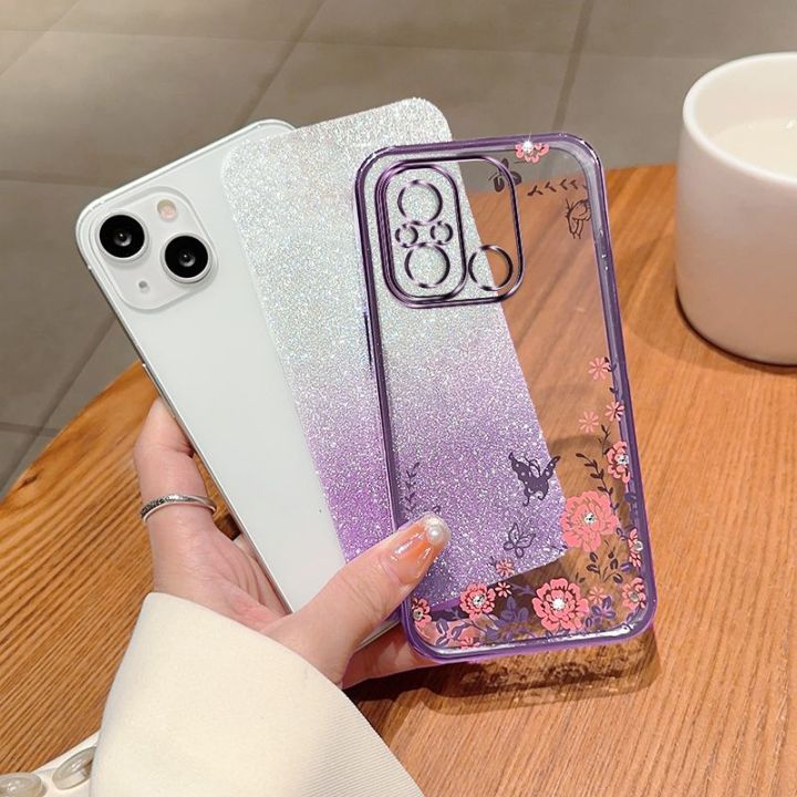 เคสกากเพชรสำหรับเรดมี่12c-12-10c-10a-9c-4g-redmi12-redmi12c-โทรศัพท์ซิลิโคน-tpu-ยืดหยุ่นฝาหลังอ่อนนุ่มเคสกันกระแทกมือถือแวววาวปกป้องผิวชุบลายดอกไม้ไล่ระดับสี