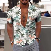 【YY】Hawaiian Shirt Male Henry Shirt Holiday Casual Tee Tops Short Sleeve Harajuku Coconut Tree Print V-neck Mens Oversized T-Shirts