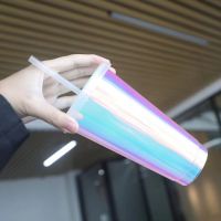 hotx【DT】 reusable 710ml 24oz 700ml metallic plastic holographic cup tumbler laser with lid and straw