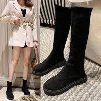 [COD] European station round toe boots casual all-match womens 2022 elastic suede flat bottom low heel short high