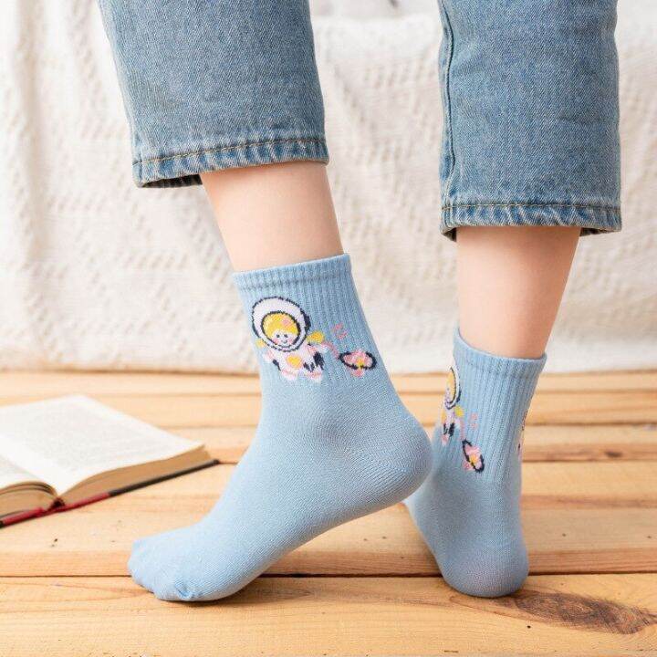 college-style-women-cotton-socks-fashion-cartoon-planet-fruit-middle-tube-girl-socks