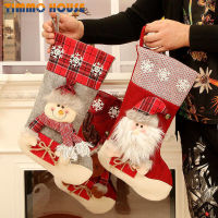 [Timmo House]22*46ซม. Christmas Party Xmas Tree แขวนตกแต่งปีใหม่สีแดงตรวจสอบการ์ตูนกวาง Santa Snowman ถุงน่องถุงเท้าเด็กของขวัญ Candy กระเป๋า