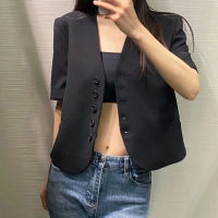 Suits jacket 2021 Summer Women Sweet Blazers Coats Short Sleeve V-Neck Single Breasted Blazer Female Vacation Casual Black coat