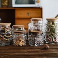 【LZ】☸✿☫  Selo frasco de armazenamento de vidro com tampa mão flores em relevo decorativo cozinha dispensador de cereais mesa de café casa mesa chá vasilha