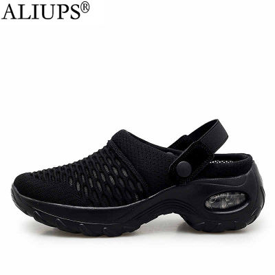 ALIUPS Women Tennis Shoes Breathable Mesh 5cm Height-increasing Slip-on Air Cushion Slippers Outdoor Walking Jogging Sneakers