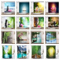 Rural Landscape Creek Stone Lotus Buddha Shower Curtain Bathroom Curtain Fabric Waterproof Polyester Bathroom Curtain with Hooks