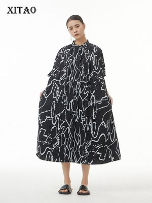 XITAO Dress Print  Casual Stand Collar Women Shirt Dress