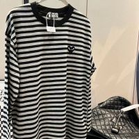 New Love Embroidery Stripe Long Sleeve Round Neck T-shirt for Women 2023 Summer Thin Versatile Slim Sunscreen Shirt Top