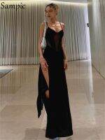 Sampic Mesh Patchwork Spaghetti Strap Maxi Split Dress Women Sexy Elegant Backless Sleeveless Evening Party Dresses