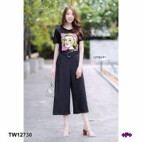 TW12730 Set 2 ชิ้น เสื้อยืดแขนสั้นหน้าผู้หญิง + กางเกง 4 ส่วน + เข็มขัด