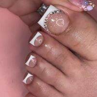 White French Fake Toenails with Rhinestone Design False Toenails for Girls Women Acrylic Toe Nail Tips Full Cover Wearable 24pcs fenguhan