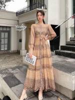 Maxi dress (no inner) เสื้อคลุมตัวยาวหรือเดรสยาว คอกลมติดกระดุมหน้า​ผ้าชีฟองลายซีทรูเนื้อบาง ไม่มีซับในแขนยาว​พร้อมเชือกผูกเอว