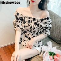 Michow Lee เสื้อสตรีแบบวินเทจผู้หญิงเสื้อชีฟองเกาหลีแขนสั้นคอสี่เหลี่ยมสไตล์ฝรั่งเศส,Baju Atasan Bunga ลำลองแขนพองเข้ารูปพอดี