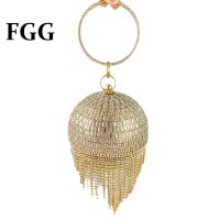 บูติก De FGG รอบลูกพู่สุภาพสตรีคริสตัลกระเป๋าถือเจ้าสาวงานแต่งงาน Rhinestone กระเป๋าสตางค์และกระเป๋าถือ