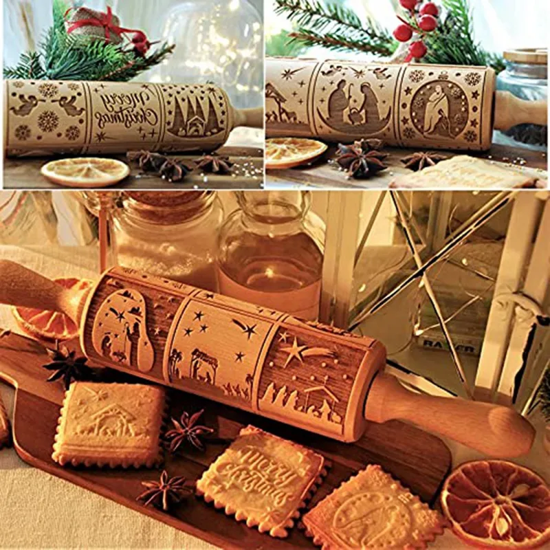 Nativity Pattern Xmas Christmas Wooden Embossing Rolling Pin with 9  Different Scene for Baking Embossed Cookies