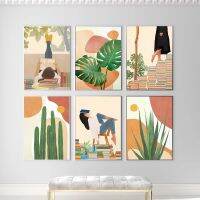 Wall Art ภาพวาดผ้าใบบทคัดย่อ Boho Girl Book - Nordic โปสเตอร์และพิมพ์ Monstera Agave Cactus ภาพผนังสำหรับห้องนั่งเล่น