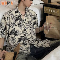 WOMA  เสื้อเชิ้ตผู้ชายเสื้อแขนสั้นพิมพ์ลายหมึกเสื้อเชิ้ตลายดอกไทยชายหาดฤดูร้อน