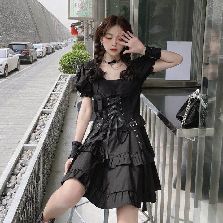 Đầm Lolita Gothic Màu Đen Cho Nữ Nhật Bản Đầm Mini Băng Quấn Tay ...