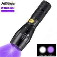 Alonefire T6 395nm UV ไฟฉาย Ultra Violet Light พร้อมฟังก์ชั่นซูม Mini UV Black Light คราบปัสสาวะเครื่องตรวจจับราศีพิจิก