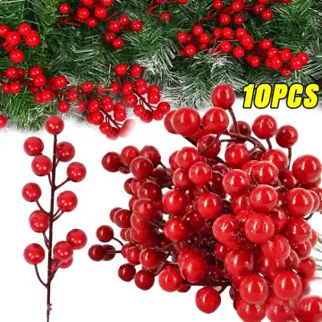 200pcs Simulation Berry Artificial Red Holly Berry Picks Stems Fake DIY  Berries Decor Ornaments for Garland Wreath Christmas Holiday (10mm, Red) 