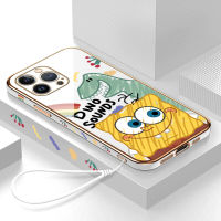 เคสสำหรับ Apple โทรศัพท์ iPhone 15 Plus 15 Pro 15 Pro Max ฟรีสายคล้องการ์ตูนไดโนเสาร์สพันชบ็อบสแควร์แพนท์ขอบสี่เหลี่ยมลวดลายเคสโทรศัพท์ชุบหรูหราชุบเคสโทรศัพท์นิ่ม