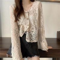 ‘；’ MEXZT Vintage Lace Blouse Women Sheer Long Sleeve Sunscreen Shirt Cardigan Vacation Korean Elegant Casual Sun Protection Top