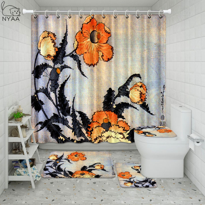 classic-dandelion-flower-painting-shower-curtain-set-pink-rose-waterproof-for-bathroom-toilet-cover-mat-non-slip-rug-birds-decor