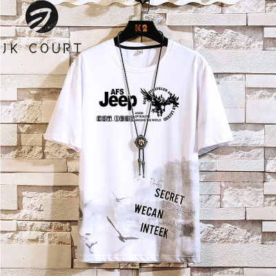 JK Court ชุดเสื้อยืดพิมพ์ลายวินเทจสำหรับผู้ชายเสื้อยืดลำลองเรียบง่ายคอกลมทรงหลวมฤดูร้อน