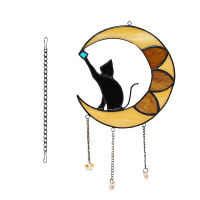 Handcrafted Cat Picking Star Gift Decoration Moon Indoor Sun Catchers Stained Glass Halloween Ornament Cute Home Window Hangings