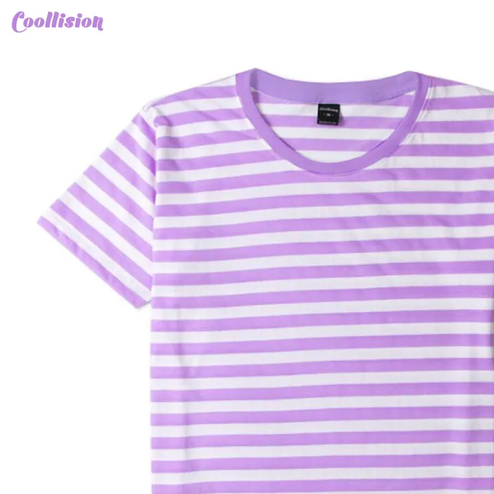 coollision-violet-1cm-พาสเทล-เสื้อลายทางสีม่วงอ่อนสลับสีขาว-ริ้ว-1-ซม-เสื้อยืดลายทางแขนสั้นคอกลม-unisex-ผ้าไม่ลื่น-ฝ้าย-สีไม่ตก-ไม่ย้วย-งานดี-ลา