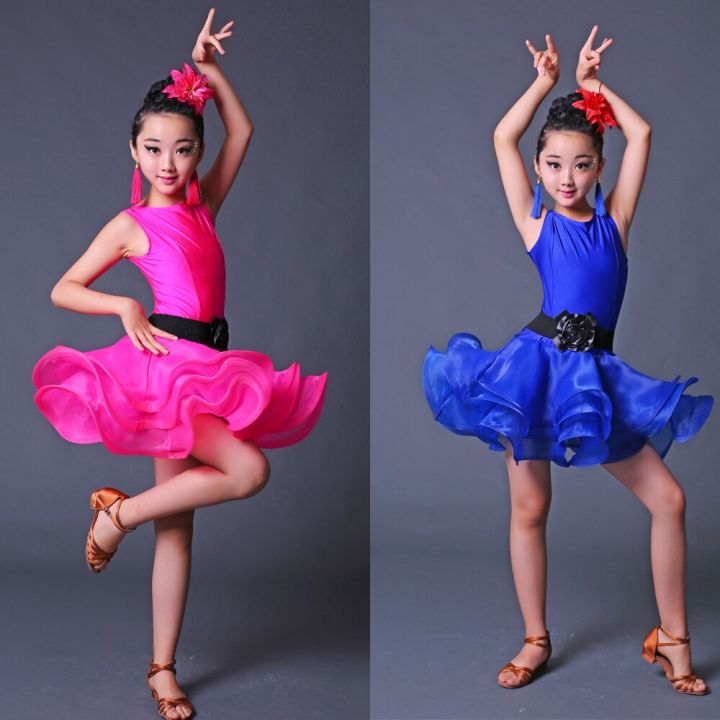 ชุดเต้นซัลซ่าบอลรูมชุดเต้นรำสำหรับเด็กละตินสำหรับเด็กผู้หญิงชุดเล่นละครเวทีงานปาร์ตี้สีน้ำเงินแดง