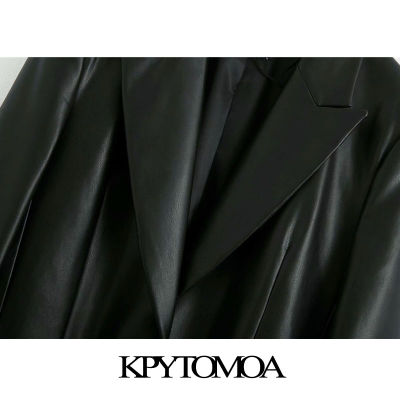 KPYTOMOA Women 2021 Fashion Faux Leather Loose Blazers Coat Vintage Long Sleeve Pockets Back Vents Female Outerwear Chic Tops