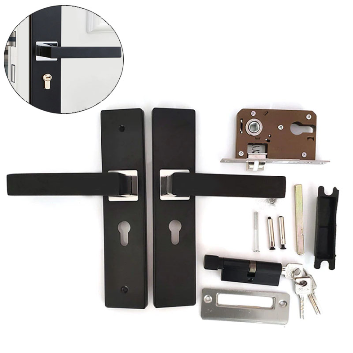 Black Door Lock with Keys Security Entrance Door Handle Lock Antitheft