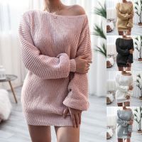 Off Shoulder Knitted Sweater Dresses For Women 2021 Autumn Winter Lantern Long Sleeve Dress Ladies Casual Dress White Black