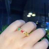 Mdalo แหวนพลอยเทียมสีรุ้งทัวร์มาลีนหลากสีแหวนเพชรเต็มชุบ18K สำหรับผู้หญิง